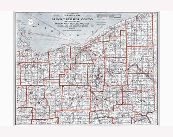 Ohio; Antique Map; Roads & Bicycle Routes by Stranahan, 1895 -  Teak Wood Magnetic Hanger Frame Optional