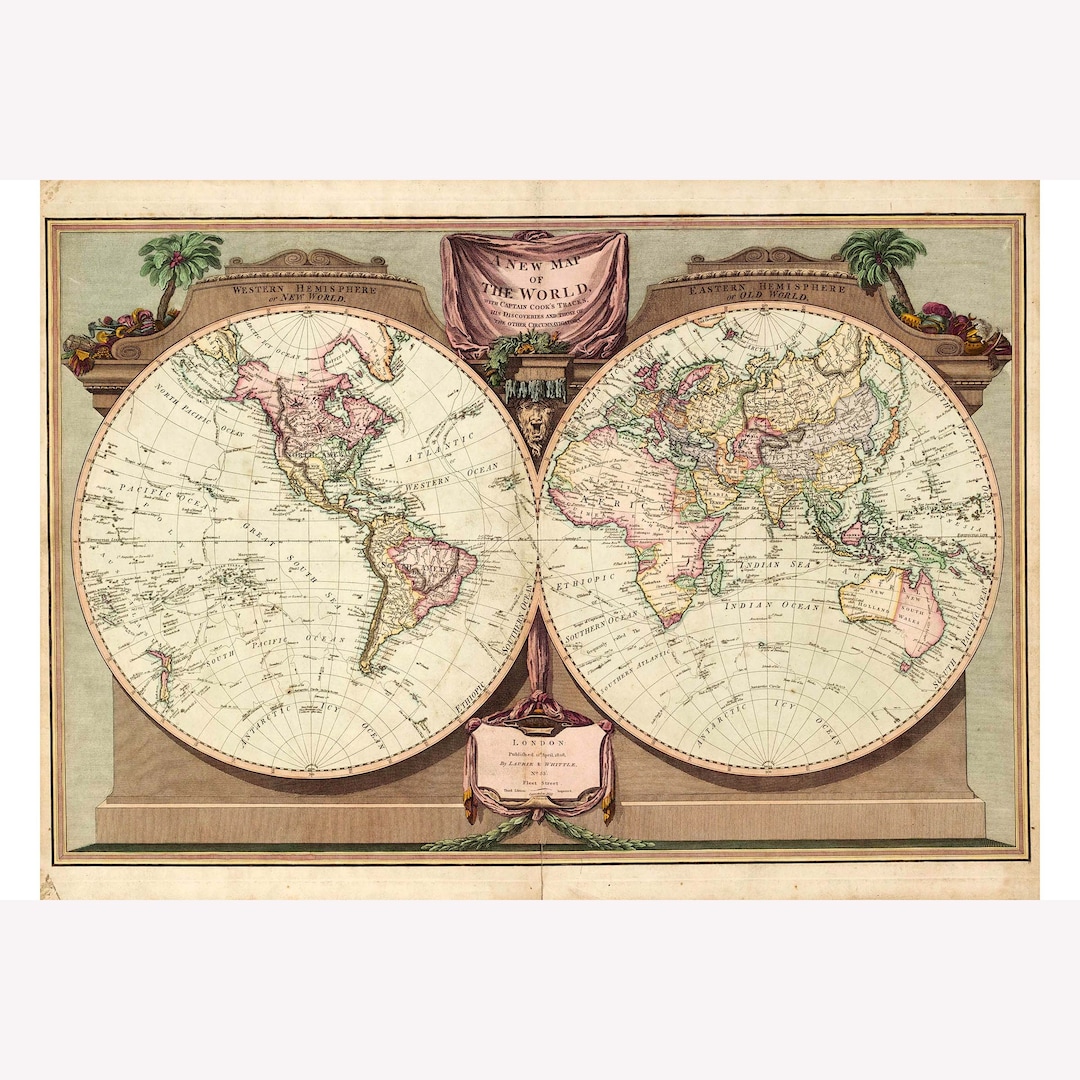 World Map; Captain Cook's Discoveries; Beautiful Antique Cartography ...