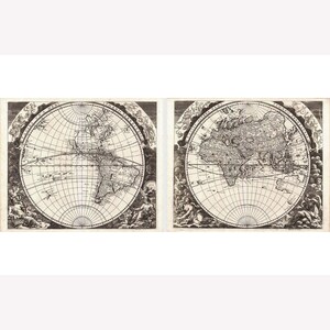 May include: Two black and white antique world maps with a grid pattern and detailed lines. The maps are surrounded by a decorative border with figures and text.