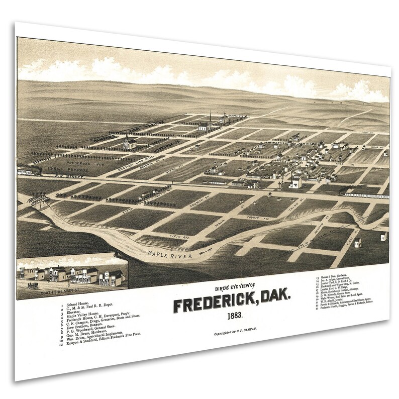 Map of Frederick Dakota Territories 1883 Antique Birdseye Etsy