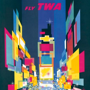 David Klein New York TWA Travel Poster 1950s - Teak Wood Magnetic Hanger Frame Optional