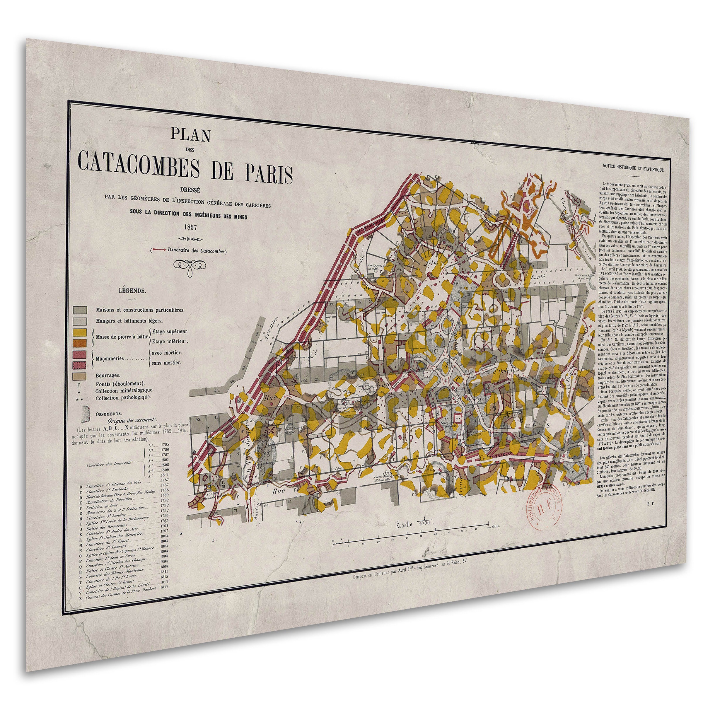 Paris Catacombs, Antique Map From 1857 Survey - Teak Wood