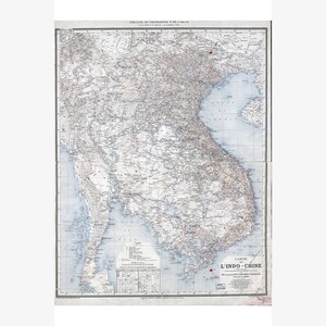 Indochina including Modern Thailand, Vietnam, Laos, Cambodia; Historic Map 1894 - Teak Wood Magnetic Hanger Frame Optional