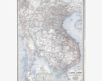 Indochina including Modern Thailand, Vietnam, Laos, Cambodia; Historic Map 1894 - Teak Wood Magnetic Hanger Frame Optional