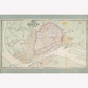 Canton China; Antique Map, 1860; Fine Quality Restored Print -  Teak Wood Magnetic Hanger Frame Optional
