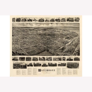 May include: A vintage black and white aerial view map of Patchogue, Long Island, New York. The map shows the town's layout with streets, buildings, and waterways. The map is surrounded by smaller images of individual buildings and landmarks.