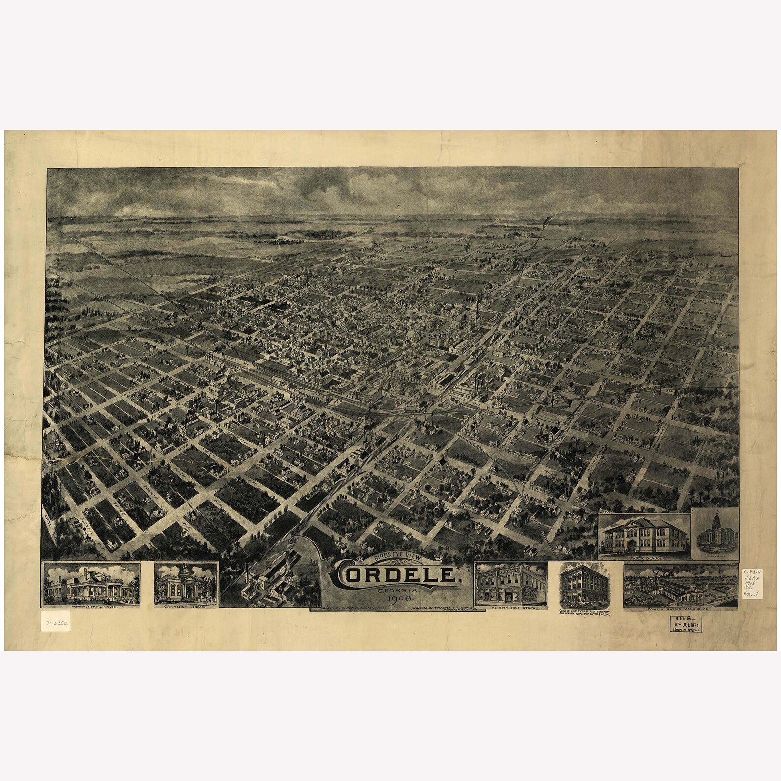 Cordele Antique Birdseye Map 1908 Teak Wood Etsy