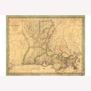 Map of Louisiana; Antique Map by John Melish, 1820 -  Teak Wood Magnetic Hanger Frame Optional