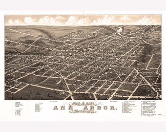 Ann Arbor, Michigan. Washtenaw County; Antique Birdseye Map; 1880 -  Teak Wood Magnetic Hanger Frame Optional