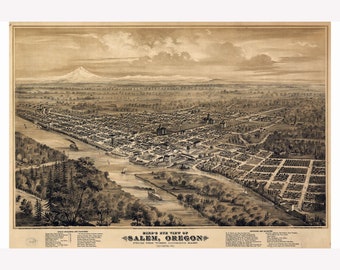 Carte de Salem, Oregon, par Glover ; 1876 ; Carte à vol d'oiseau antique - Cadre de suspension magnétique en bois de teck en option