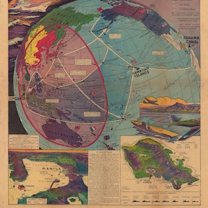WWII Map; Pacific Rule Threatens Peace 1940; Baltimore American Newspaper - Teak Wood Magnetic Hanger Frame Optional