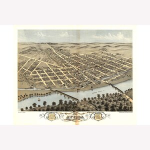 Attica, Indiana; Fountain County, Antique Birdseye Map; 1869 -  Teak Wood Magnetic Hanger Frame Optional