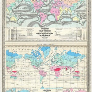 May include: A vintage world map showing ocean currents and the great river basins of the world. The map also shows the distribution of the temperature of the air in both summer and winter.