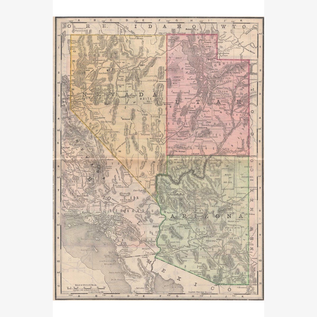 Antique Map of Nevada, Utah, California, Arizona from 1898