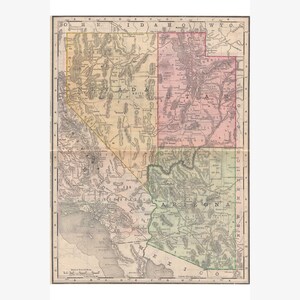 Map of Nevada, Utah, California, Arizona; Antique Map, 1898, Rand McNally - Teak Wood Magnetic Hanger Frame Optional