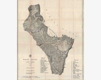 West Point Military Academy; U.S. Coast Survey Antique Chart; 1883 - Teak Wood Magnetic Hanger Frame Optional