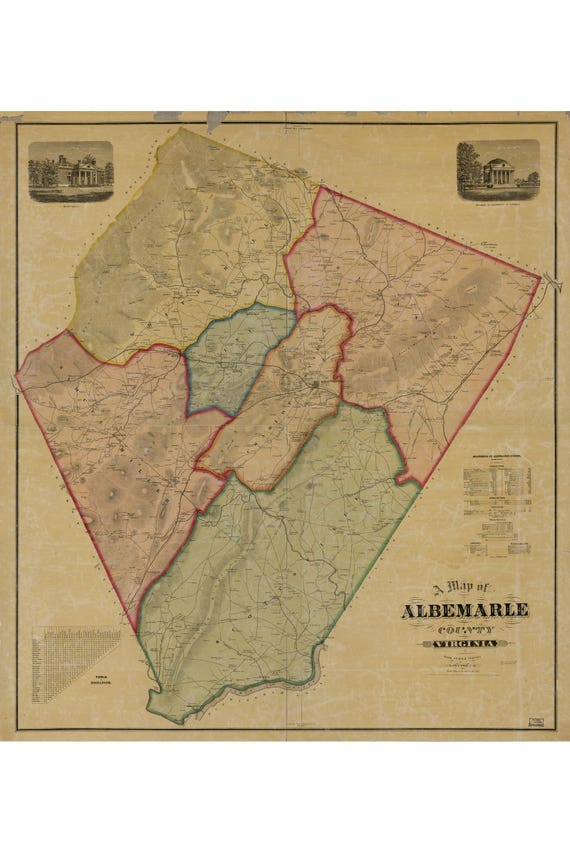 Map of Albemarle County VA including Charlottesville Antique | Etsy