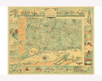 Connecticut Children's Map; Childrens Bookshop of New Haven, 1926 -  Teak Wood Magnetic Hanger Frame Optional