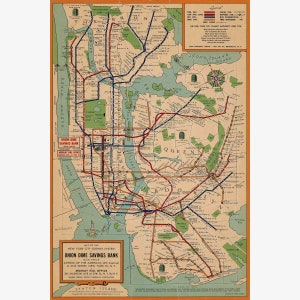 May include: A vintage map of the New York City subway system, featuring lines in red, blue, and green. The map is titled "Map of the New York City Subway System" and includes the text "Union Dime Savings Bank" with two office locations listed. The map shows the boroughs of Manhattan, Brooklyn, Queens, the Bronx, and Staten Island.
