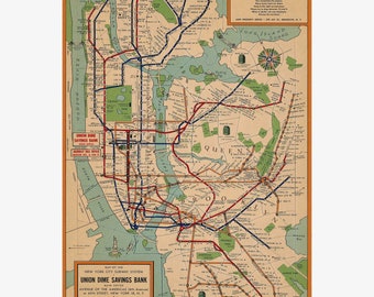 NYC Subway Map; 1954 New York Union Dime Savings Bank Archival Reproduction - Teak Wood Magnetic Hanger Frame Optional