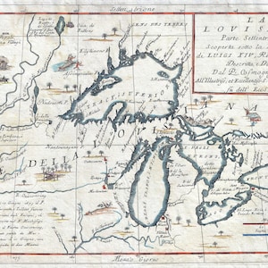 Map Of The Great Lakes; Antique Historic Map by Coronelli 1695 -  Teak Wood Magnetic Hanger Frame Optional