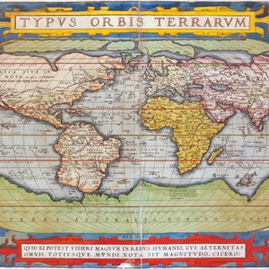 First World Map in Standard Atlas; Historic Cartography; Ortelius 1570 -  Teak Wood Magnetic Hanger Frame Optional