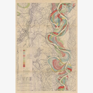 Mississippi River Meander Belt, Geological Map by Harold Fisk, 1944- 14 of 15 - Teak Wood Magnetic Hanger Frame Optional