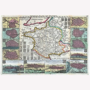 Map Of France; Antique Map; Historic Cartography; 1747 -  Teak Wood Magnetic Hanger Frame Optional