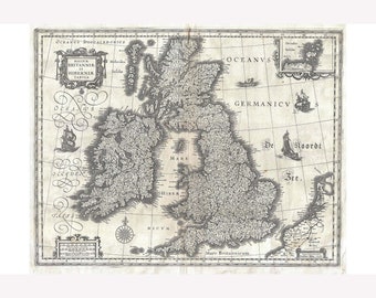 England, Scotland, Ireland, British Isles; Antique Map by Blaeu, 1631 -  Teak Wood Magnetic Hanger Frame Optional