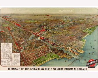 Map of Chicago and North Western Terminals, Chicago, Illinois Birdseye Map; 1902 -  Teak Wood Magnetic Hanger Frame Optional