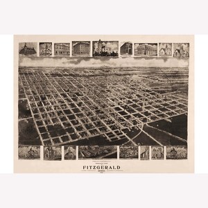 May include: An antique bird's-eye view map of Fitzgerald, Georgia. The map shows the city's streets and buildings in detail. The map is surrounded by smaller images of individual buildings in the city.
