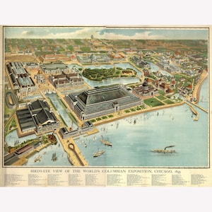 Chicago World's Columbian Exposition Antique Pictorial Bird's Eye Map 1893 -  Teak Wood Magnetic Hanger Frame Optional