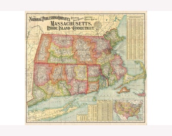 Connecticut, Massachusetts, and Rhode Island; 1900 Railroad Map -  Teak Wood Magnetic Hanger Frame Optional