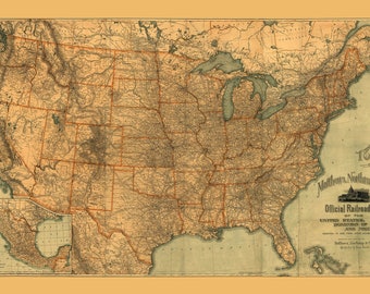 Railroad Map; Matthews, Northrup & Co Map of United States; Antique Map -  Teak Wood Magnetic Hanger Frame Optional