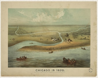 Chicago in 1820; Antique Historic Illustration; Custom Printed -  Teak Wood Magnetic Hanger Frame Optional