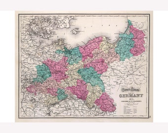 Prusse et Saxe, carte ancienne, Grays Atlas 1873 - Cadre de suspension magnétique en teck en option