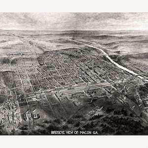 Macon, Georgia; Antique Birdseye Map; 1912 -  Teak Wood Magnetic Hanger Frame Optional