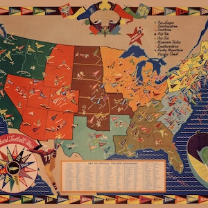 College Football Map by Albert Richard with College Mascot Nicknames; 1938 -  Teak Wood Magnetic Hanger Frame Optional