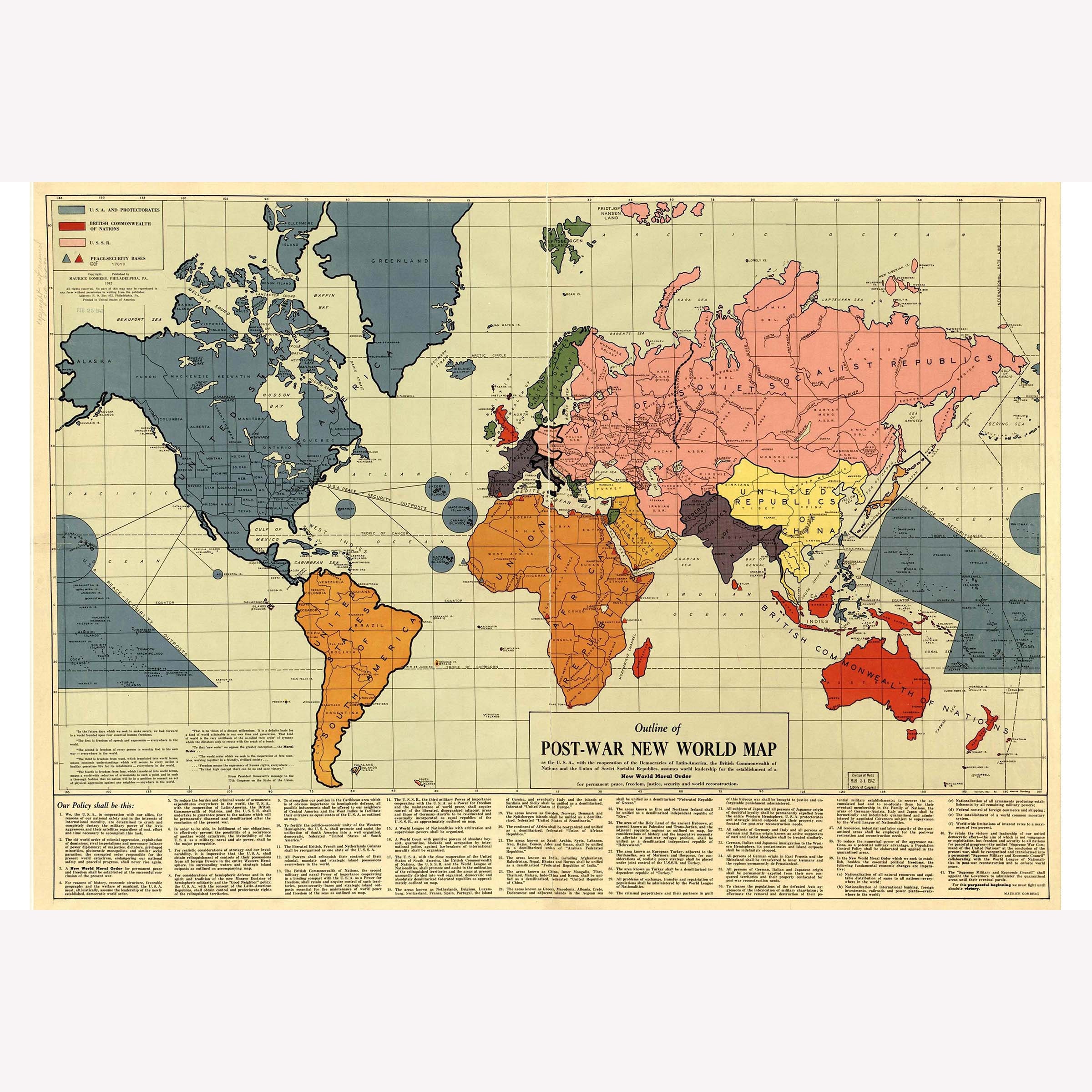 Outline Of The Post War New World Map By Maurice Gomberg 1942 Etsy Uk