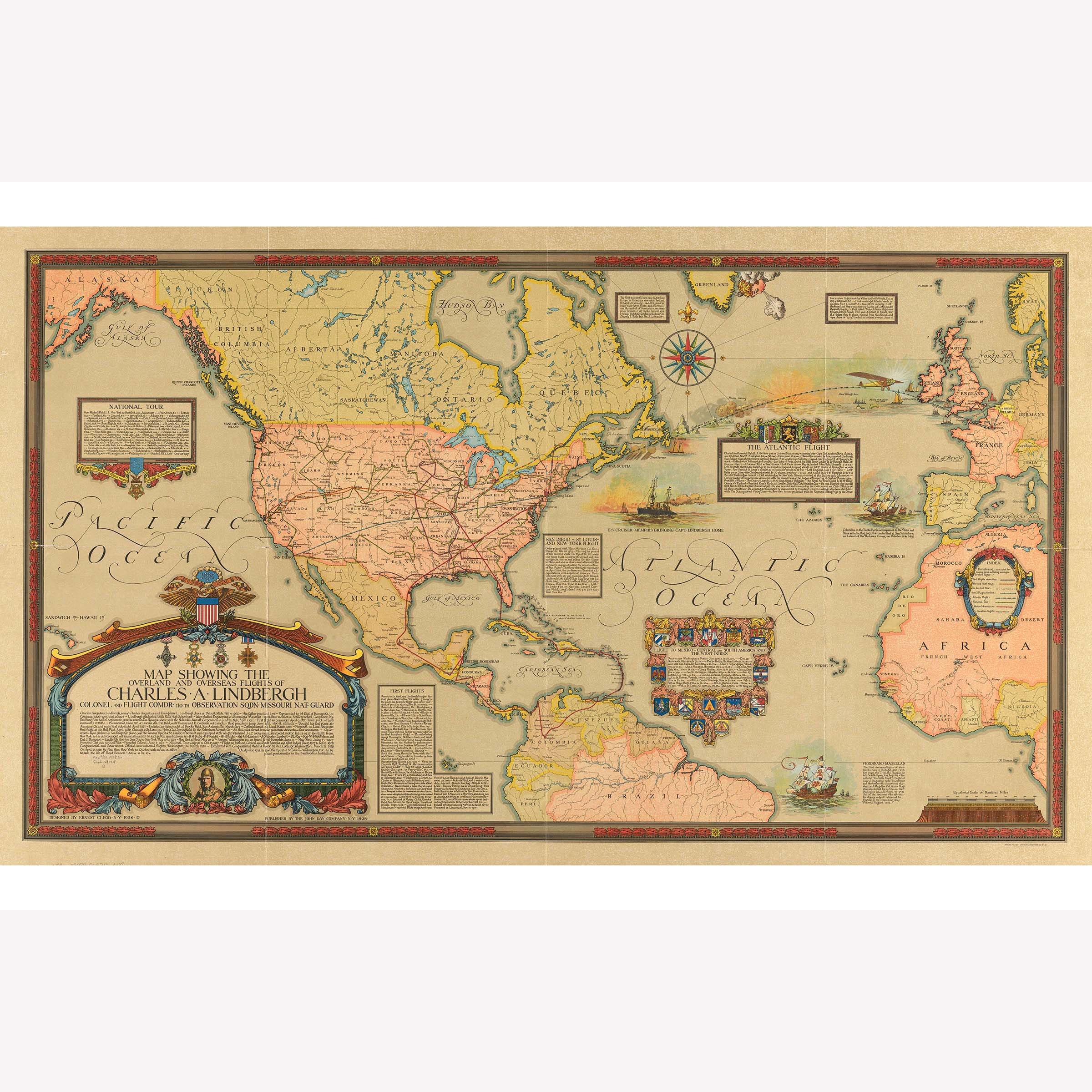 Charles A. Lindbergh Antique Map Showing Flight Routes 1928 Etsy