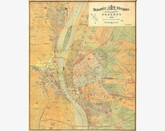 Map of Budapest, Hungary, 1884 Antique High Quality Reproduction - Teak Wood Magnetic Hanger Frame Optional