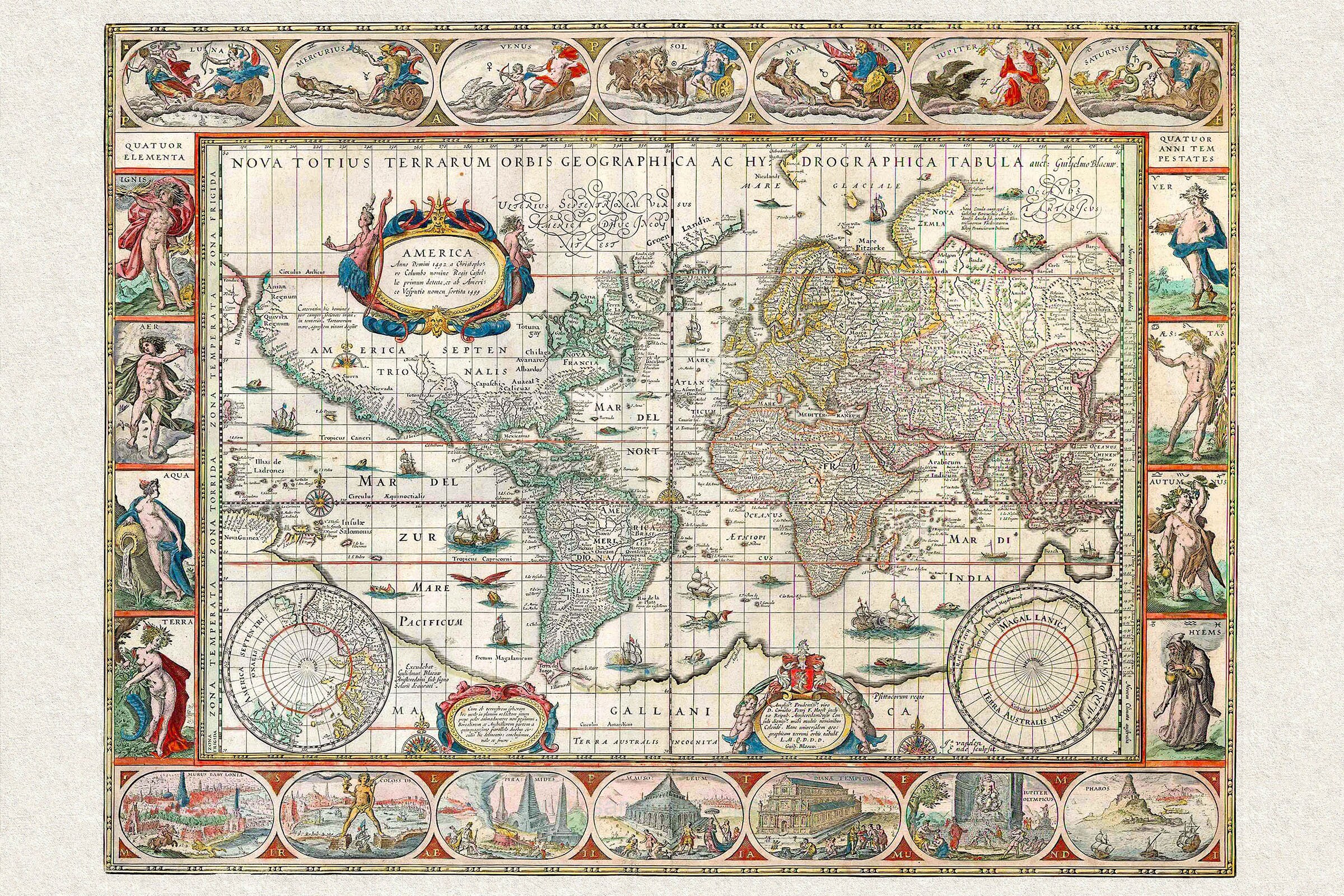 Map of the World by Blaeu; 1684; Historic Map; Custom