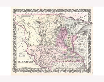 Minnesota;1855 Colton Map; Lovely First Quality Antique Reproduction -  Teak Wood Magnetic Hanger Frame Optional