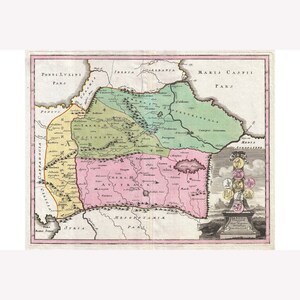 May include: An antique map of the ancient world, depicting the regions of Armenia, Iberia, Albania, Media Atropatene, and Mesopotamia. The map is hand-colored in shades of pink, green, yellow, and blue, with detailed borders and place names.