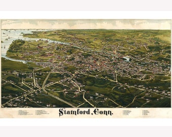 Map of Stamford, Connecticut 1883; Antique Birdseye Map; Custom Printed -  Teak Wood Magnetic Hanger Frame Optional