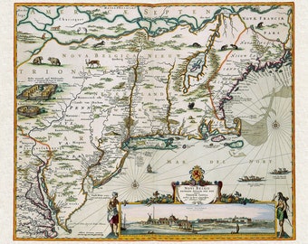 May include: An antique map of the northeastern United States, showing the regions of Nova Belgica, Nieuw Nederland, and Nove Francin. The map is drawn in a detailed style with various colors and features, including rivers, lakes, and cities. The map is surrounded by a decorative border.