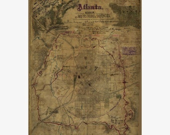 Civil War Map; Atlanta, Georgia and its Rebel Defences 1864 - Teak Wood Magnetic Hanger Frame Optional