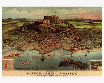 Mapa pictórico de la casa de la familia Hutchinson, Lynn, Massachusetts, 1881 - Marco de suspensión magnético de madera de teca opcional