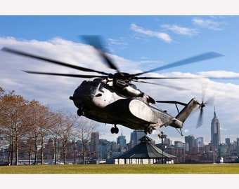 U.S. Navy MH 53 helicopter lands in Hoboken NJ; Custom Printed -  Teak Wood Magnetic Hanger Frame Optional