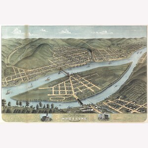 Map of Wheeling, West Virginia by Ruger; 1870; Antique Birdseye Map -  Teak Wood Magnetic Hanger Frame Optional